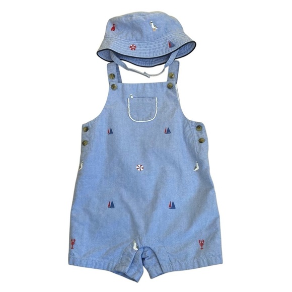 Janie and Jack Light Blue Sailboat Romper with Matching Bucket Hat Preppy 6-9mo - Picture 1 of 15